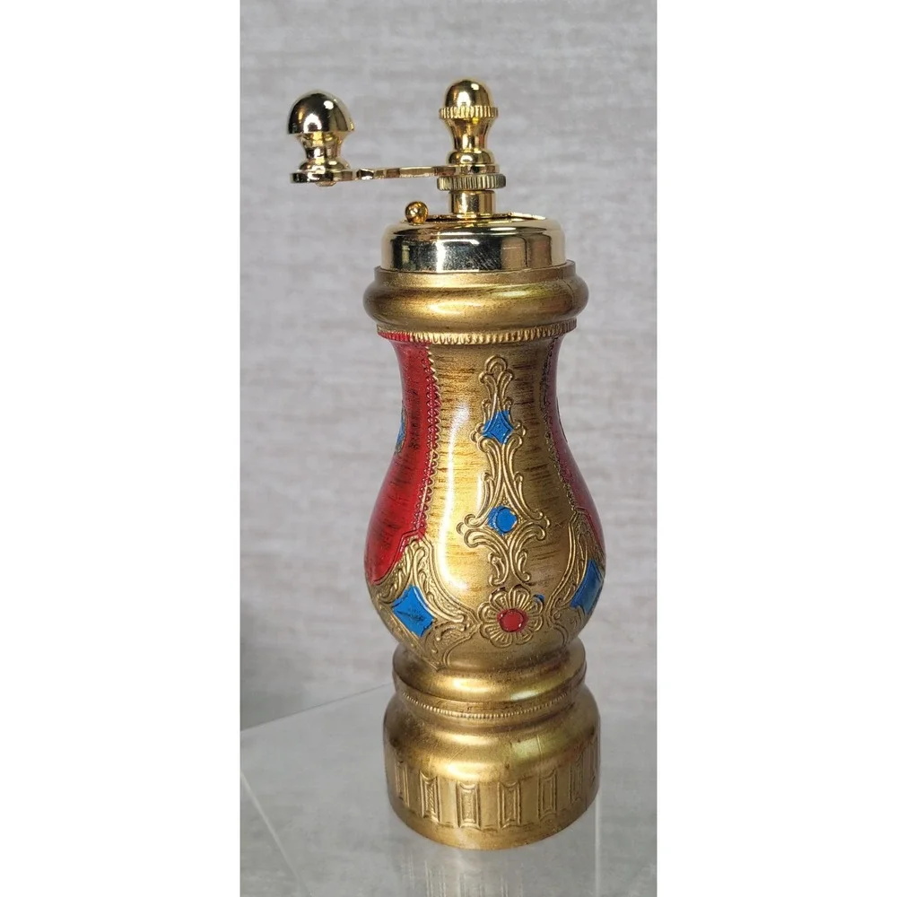 Vintage Italian Florentine Salt Pepper Mill Set Gold Red Blue Wood Grinder Box